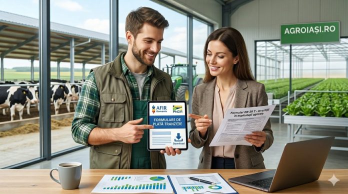 Un fermier și o consultantă analizează pe tabletă și pe hârtie noile formulare de plată AFIR pentru proiectele de investiții în agricultură, având în fundal o fermă modernă de vaci și o seră.