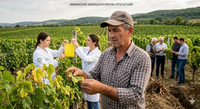 Specialistii de la Autoritatea Nationala Fitosanitara inspecteaza frunzele de viței-de-vie si monteaza capcane galbene pentru a opri extinderea bolii numite flavescența aurie intr-o podgorie din Romania.