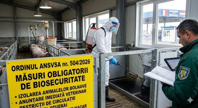 Echipe de control DSVSA aplicând măsuri biosecuritate ferme la granița cu Ungaria pentru prevenirea pestei porcine.