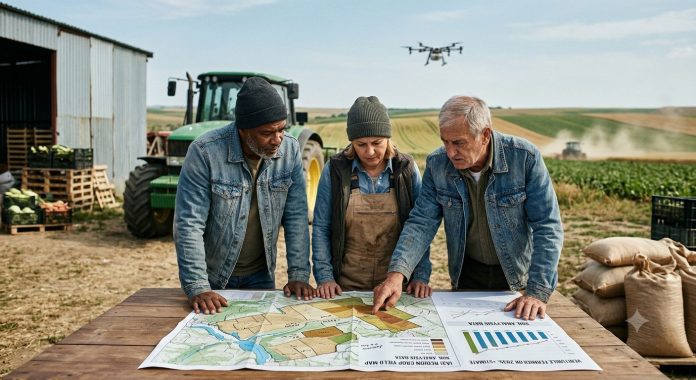 Trei fermieri analizează grafice privind veniturile fermierilor și hărți de producție agricolă pe un câmp, în timp ce o dronă survolează culturile.