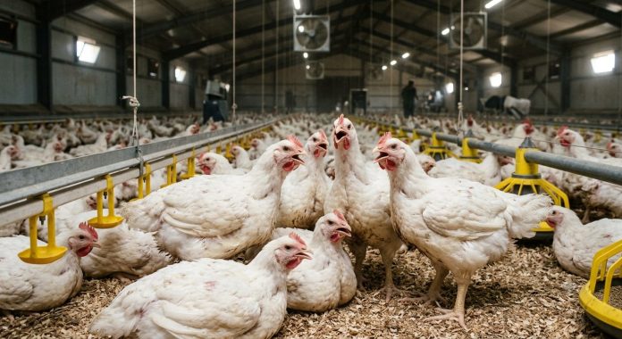 Păsări afectate de un val extrem de caniculă în agricultură într-o hală industrială