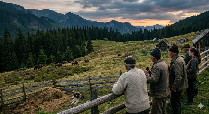 Patru fermieri români privesc de la marginea unei împrejmuiri din lemn spre un grup de cinci urși bruni aflați pe o pășune montană din Carpați, o ilustrare clară pentru problematica privind gestionarea populațiilor de urs.