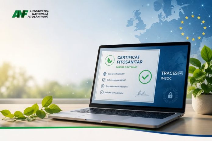 O fotografie a unui laptop care afișează un certificat fitosanitar electronic emis prin sistemul TRACES-NT, cu sigla Autorității Naționale Fitosanitare (ANF) și steagul UE.