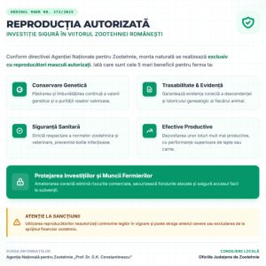 Infografic oficial cu cele cinci mari beneficii economice și sanitare ale utilizării reproducătorilor masculi autorizați în fermele din România.
