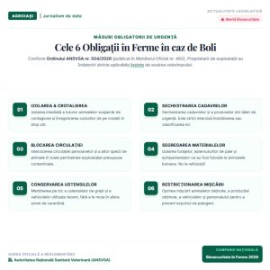 Infografic cu cele 6 obligații de biosecuritate în ferme stabilite prin Ordinul ANSVSA nr. 504/2026.