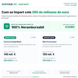 Infografic privind repartizarea fondurilor pentru panouri fotovoltaice de la AFIR.