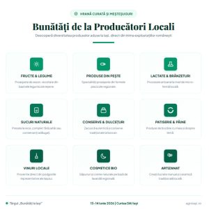 infografic cu 9 categorii de produse aduse de producători locali din Iași la târgul Bunătăți la Iași din iunie 2026