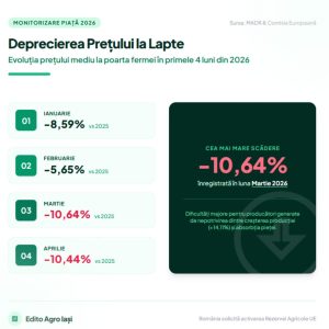 Infografic cu evolutia pretului in sectorul laptelui in primele patru luni din anul 2026