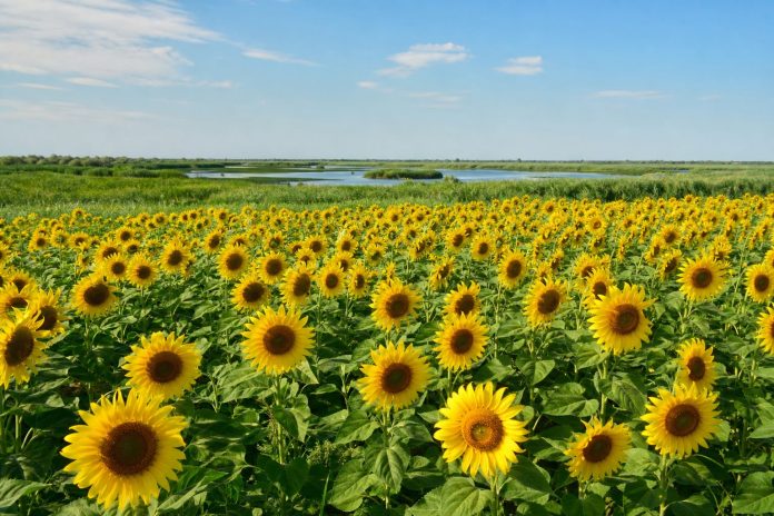 O imagine cu un câmp de floarea-soarelui înflorit în Rezervația Biosferei Delta Dunării, cu un lac și un peisaj natural în fundal.
