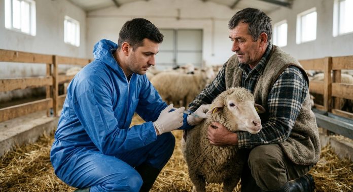 Veterinar examinând o oaie albă tagging într-un staul de lemn. Imaginea sugerează procedurile de inspecție și posibila vaccinare ovine ANSVSA.