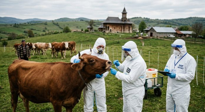Trei specialiști în costume de protecție albă recoltează probe de la o vacă brună pe o pășune din județul Neamț, cu o biserică de lemn în fundal, în cadrul unei anchete epidemiologice de rabie
