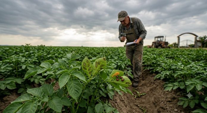 Fermier verifică plantele de cartofi cu o lupă într-un câmp agricol din Iași, sub un cer înnorat.