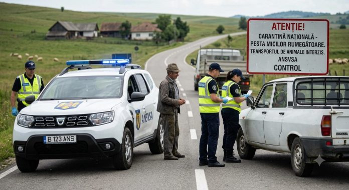 Control rutier ANSVSA si Jandarmerie pentru prevenirea raspandirii bolii numite pesta micilor rumegatoare pe un drum din Romania