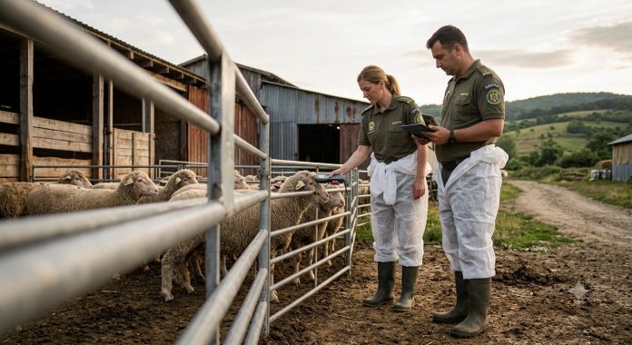 Inspectori ANSVSA efectuând verificări privind trasabilitatea animalelor într-o fermă de ovine