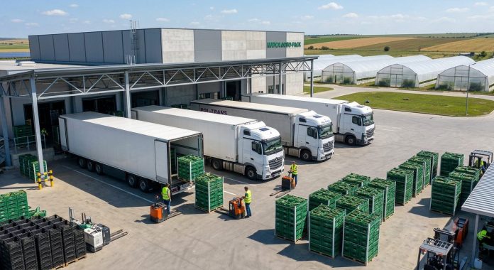 Centru logistic de colectare și încărcare pentru exportul de castraveti din romania în bazinul legumicol Matca, cu platformă de camioane și lăzi pregătite pentru transport.
