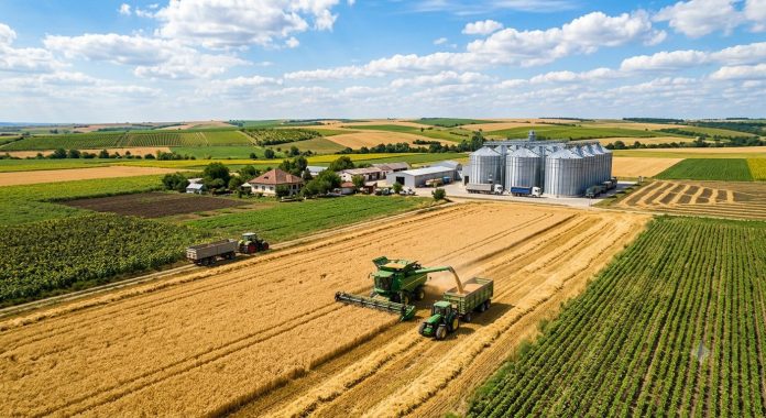 Combine agricole de ultimă generație care lucrează la recoltarea grâului pe un câmp din România, reprezentând creșterea istorică pe care a înregistrat-o producția agricolă națională.