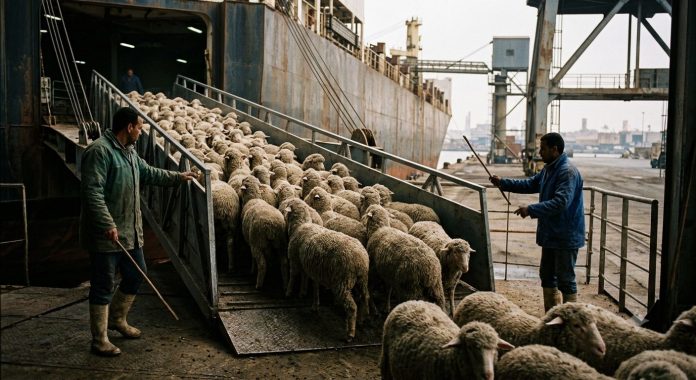 Ovine din Romania pregatite pentru exportul de oi in Algeria pe rampa unei nave de transport in port