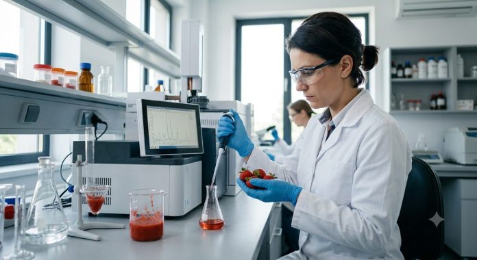 Cercetătoare în laborator din Iași analizând probe de căpșuni pentru detectarea reziduurilor de pesticide prin cromatografie.