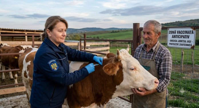 Medic veterinar ANSVSA vaccinează o vacă împotriva antraxului într-o fermă din județul Iași, în prezența unui fermier.