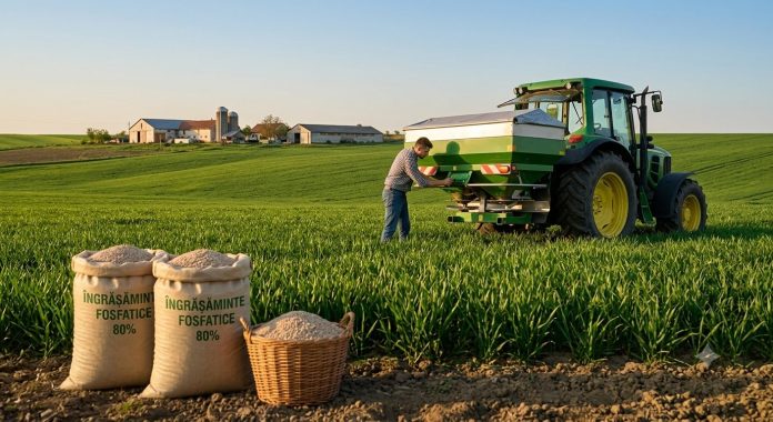 Tractor modern verde cu distribuitor de îngrășăminte fosfatice în lan de grâu la apus, județul Iași