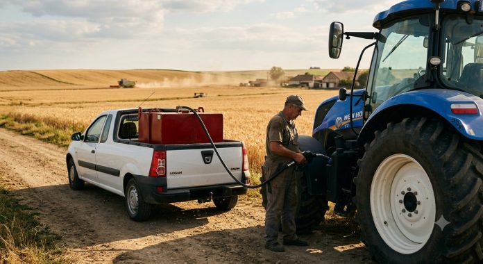 Un fermier alimentează un tractor albastru modern cu motorină agricultură dintr-un rezervor mobil aflat în bena unei autoutilitare albe, pe marginea unui lan de grâu copt.