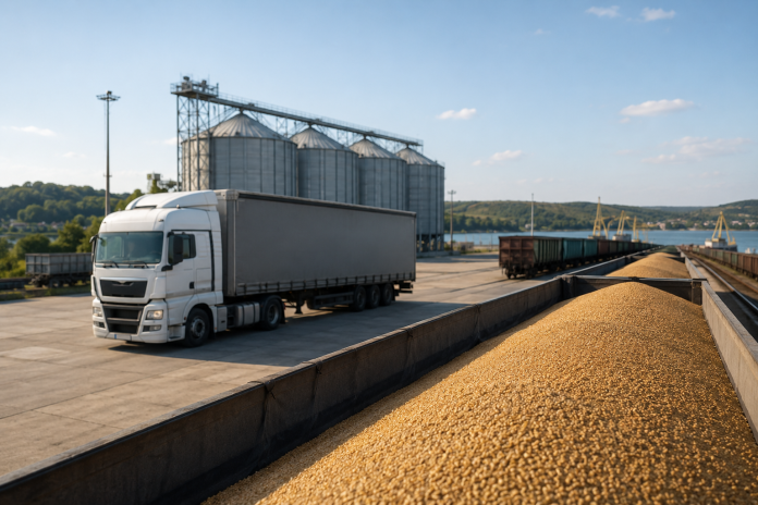 Camion și vagoane încărcate cu cereale într-un terminal logistic din România, utilizat pentru tranzitul cerealelor către Portul Constanța.