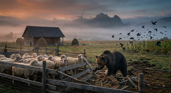Un urs brun atacând o stână de oi, ilustrând pagubele provocate fermierilor de speciile protejate.
