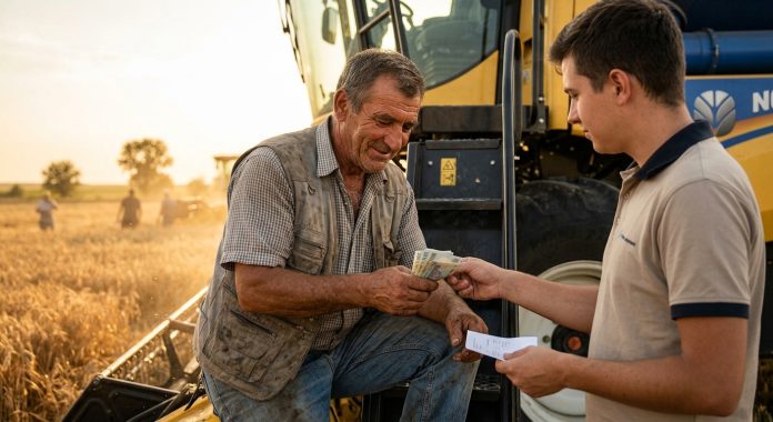 Fermier în plin sezon de recoltat care primește salariile din agricultură în bani lichizi lângă combină