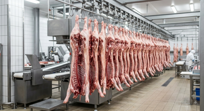 Carcase de porc în linia de procesare dintr-un abator modern ce ilustrează modul în care producția de carne a crescut în România