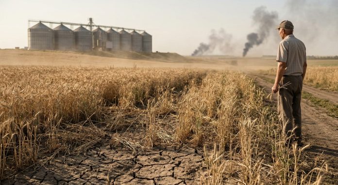 Un fermier ucrainean privește un lan de grâu compromis de secetă, cu silozuri și fum la orizont, simbolizând impactul conflictului asupra agriculturii Ucrainei