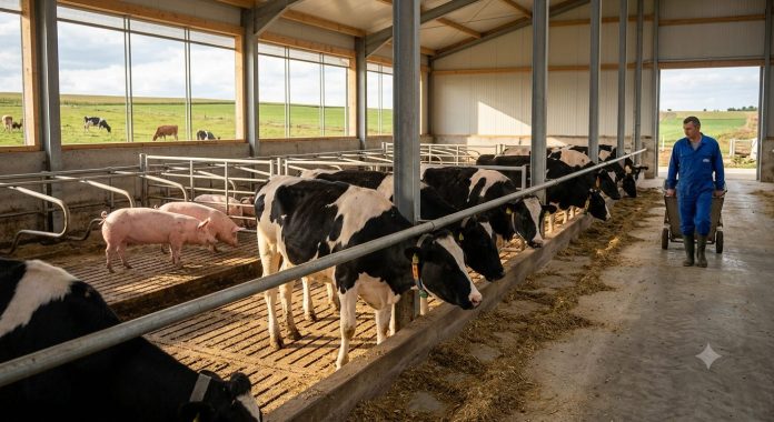 Crescătorii de porci și bovine într-o fermă modernă zootehnică din România