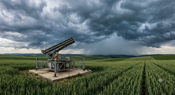 Un lansator de rachete antigrindină amplasat pe un câmp agricol verde sub un cer noros de furtună