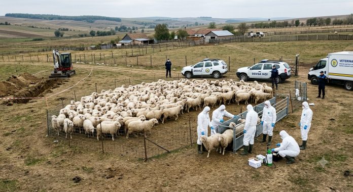 Echipă a DSVSA Iași și medici veterinari în costume de protecție aplicând măsuri de biosecuritate la o fermă de ovine din Popești
