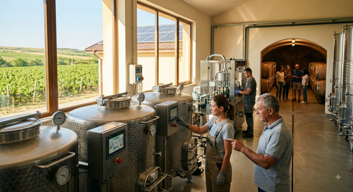 Doi specialiști verifică ecranul digital al unei cisterne de inox pentru producția de vin, cu podgoria și panourile solare vizibile pe fereastră.