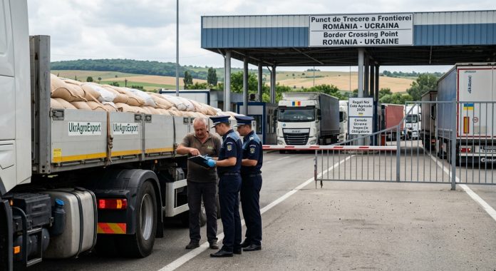 Un transport masiv de exporturi ucrainene format din saci cu cereale, inspectat de vameși români la punctul de trecere a frontierei în anul 2026