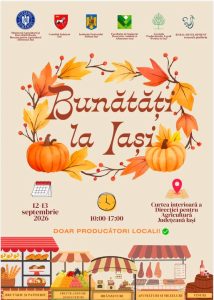 Afisul oficial al targului Bunatati la Iasi prezentand standuri de producatori locali, fructe, legume, branzeturi si mezeluri optionale