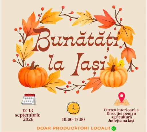 Afisul oficial al targului Bunatati la Iasi prezentand standuri de producatori locali, fructe, legume, branzeturi si mezeluri optionale
