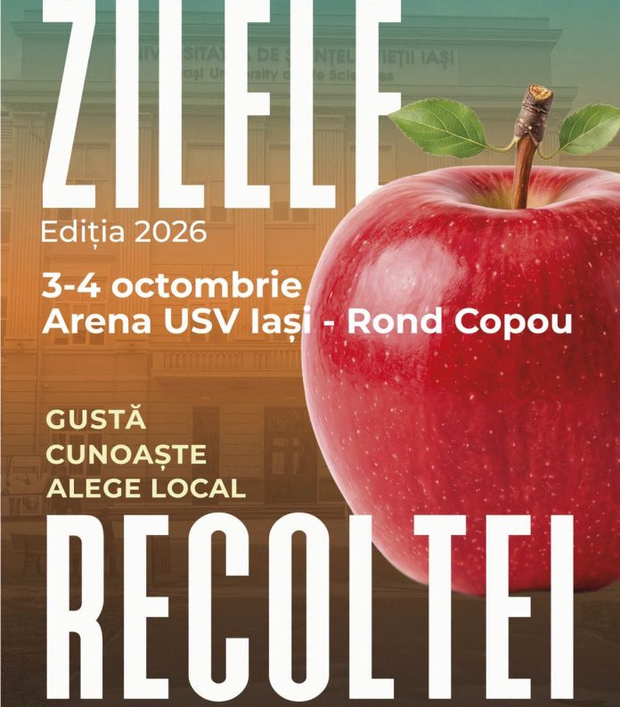 Afișul oficial al târgului Zilele Recoltei 2026 de la Arena USV Iași, organizat la Rond Copou cu sprijinul Primăriei Iași și al Universității de Științele Vieții