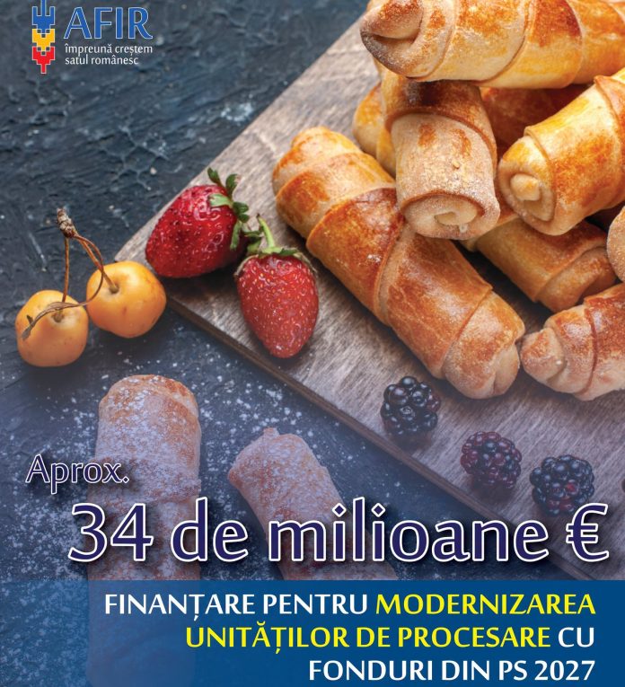 Produse de patiserie și panificație alături de fructe proaspete într-o imagine promovând finanțări AFIR de 34 milioane euro pentru procesare produse agricole