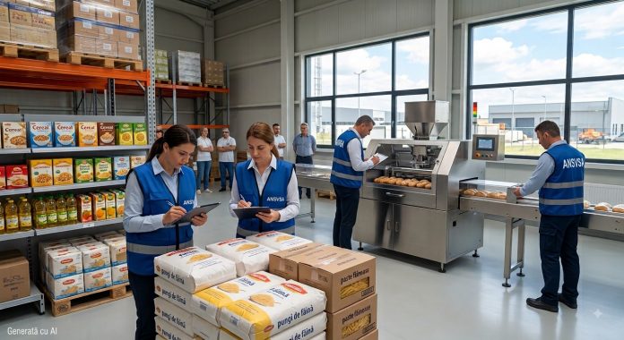 Echipă de inspectori ANSVSA efectuând verificări privind siguranța alimentară într-un depozit de produse agroalimentare