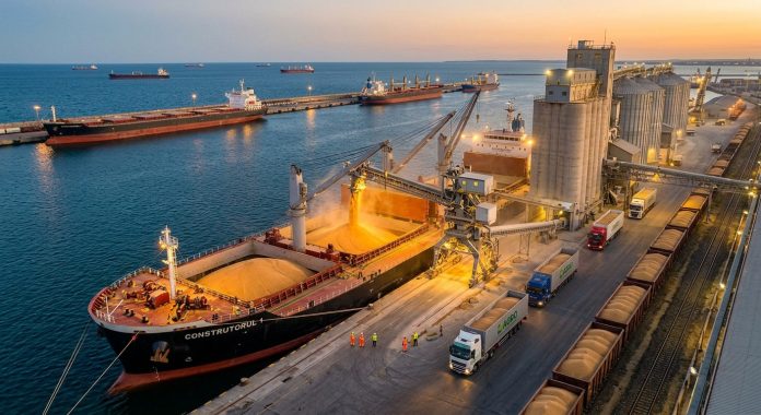 O navă cargo de mari dimensiuni este încărcată cu grâu în Portul Constanța, evidențiind activitatea intensă de export a cerealelor din România
