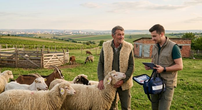 Medic veterinar și crescător de animale verificând starea de sănătate a unei turme pentru deblocarea piețelor de export ovine