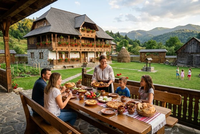 O familie ia masa pe terasei unei pensiuni agroturistice tradiționale din România, fiind servită de gazdă cu preparate culinare locale