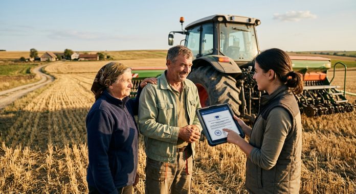 Fermieri români pe un câmp din România consultând pe o tabletă decizia privind noua schemă de ajutor de stat aprobată de Comisia Europeană