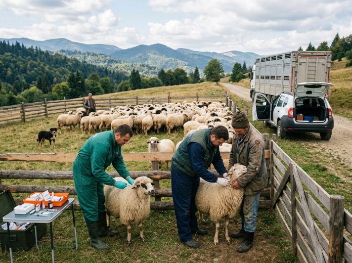 Medici veterinari imunizând oi pe o pășune din România pentru deblocarea domeniului de exporturi ovine