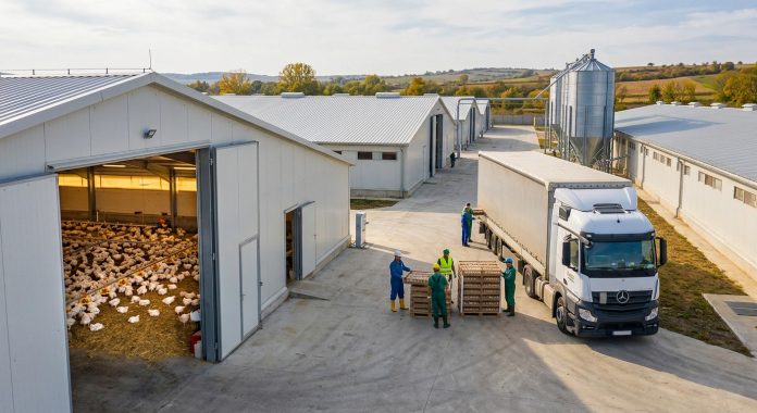 Fermă avicolă modernă cu hale de creștere a puilor și camioane pentru transportul producției de carne de pui în România