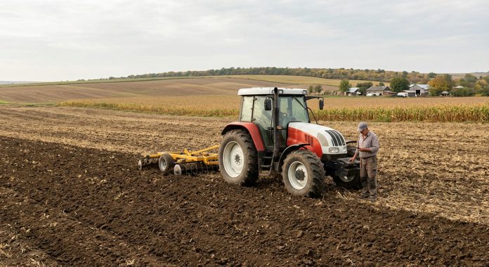 Fermier din județul Iași verificând telefonul lângă un tractor pe terenul agricol înainte de plata impozitelor locale