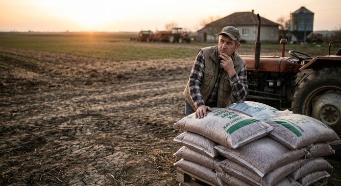 Fermier preocupat sprijinit de un palet cu saci de sprijin îngrășăminte lângă tractor pe câmp