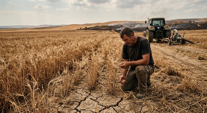 Fermier analizând pământul uscat și culturile afectate de pagubele provocate de fenomenele meteo extreme într-un câmp agricol