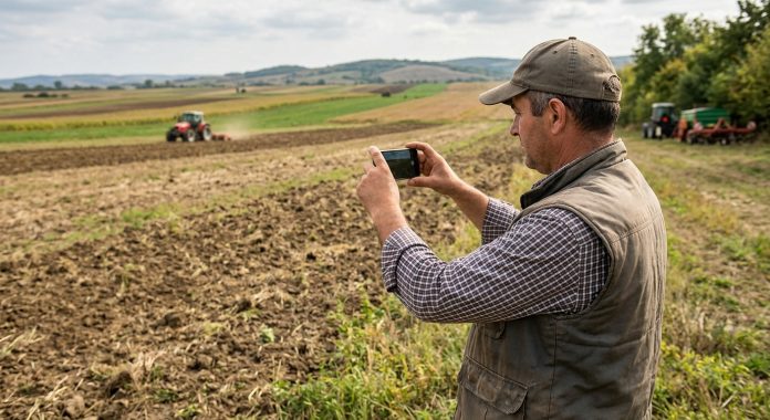 Fermier în câmp care utilizează un telefon mobil pentru a realiza o fotografie cu geolocație prin aplicația GeoFoto APIA, în încercarea de a clarifica neconformitățile de tip cod roșu pentru obținerea de subvenții APIA